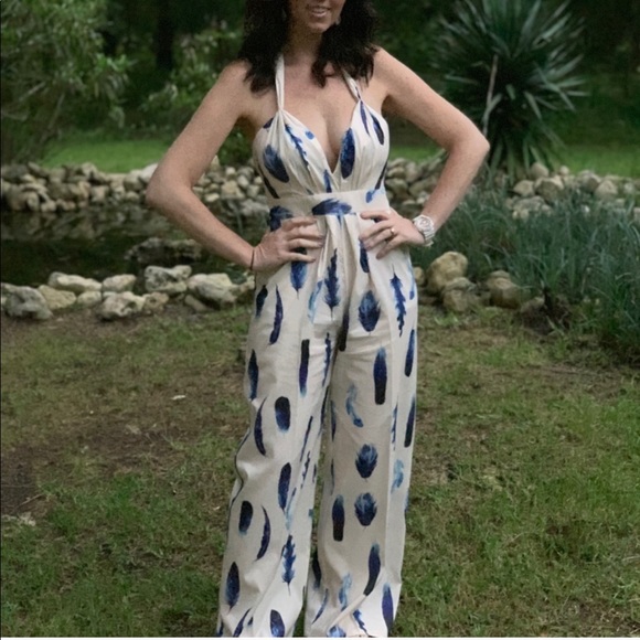 Halter Feather Long Pant Jumpsuit M - Picture 3 of 8